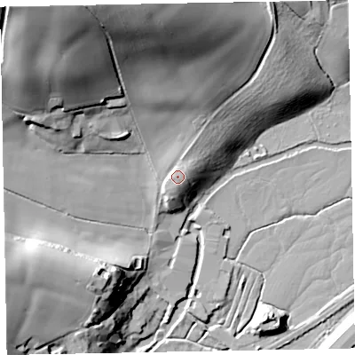 Shaded relief map of the ground around EX54PQ, computed from Environment Agency LiDAR. The ground here sits at about 47 m above sea level and falls 51 m across the surrounding 800 m. Surface water reaching this point runs off ground lying to the north-north-east, 11.2 m higher.
