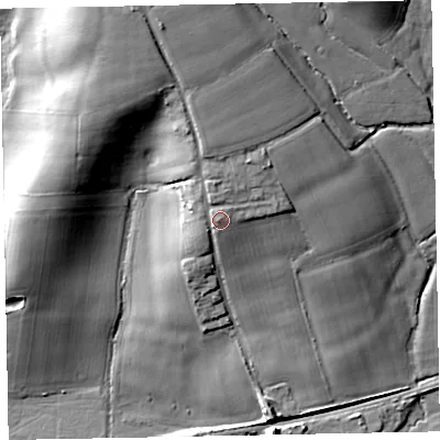 Shaded relief map of the ground around EX54PU, computed from Environment Agency LiDAR. The ground here sits at about 52 m above sea level and falls 31 m across the surrounding 800 m. Surface water reaching this point runs off ground lying to the north, 9.3 m higher.
