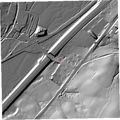 Shaded relief map of the ground around EX54PW, computed from Environment Agency LiDAR. The ground here sits at about 41 m above sea level and falls 79 m across the surrounding 800 m. Surface water reaching this point runs off ground lying to the south-east, 73.8 m higher.
