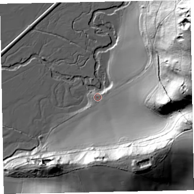 Shaded relief map of the ground around EX54PY, computed from Environment Agency LiDAR. The ground here sits at about 32 m above sea level and falls 69 m across the surrounding 800 m. Surface water reaching this point runs off ground lying to the east, 63.5 m higher.