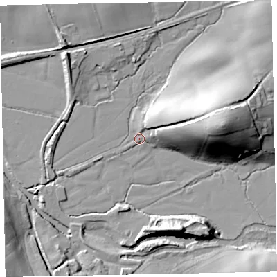 Shaded relief map of the ground around EX54PZ, computed from Environment Agency LiDAR. The ground here sits at about 34 m above sea level and falls 32 m across the surrounding 800 m. Surface water reaching this point runs off ground lying to the east, 30.2 m higher.