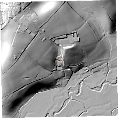 Shaded relief map of the ground around EX54RD, computed from Environment Agency LiDAR. The ground here sits at about 59 m above sea level and falls 53 m across the surrounding 800 m. Surface water reaching this point runs off ground lying to the north-west, 30.1 m higher.