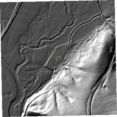 Shaded relief map of the ground around EX54RJ, computed from Environment Agency LiDAR. The ground here sits at about 20 m above sea level and falls 84 m across the surrounding 800 m. Surface water reaching this point runs off ground lying to the south-south-east, 63.6 m higher.