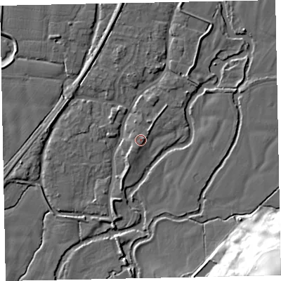 Shaded relief map of the ground around EX54RN, computed from Environment Agency LiDAR. The ground here sits at about 22 m above sea level and falls 36 m across the surrounding 800 m. Surface water reaching this point runs off ground lying to the east-north-east, 1.0 m higher.