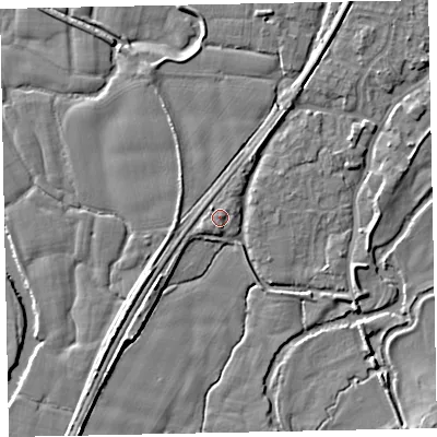 Shaded relief map of the ground around EX54RQ, computed from Environment Agency LiDAR. The ground here sits at about 21 m above sea level and falls 5 m across the surrounding 800 m. Surface water reaching this point runs off ground lying to the north-west, 0.8 m higher.