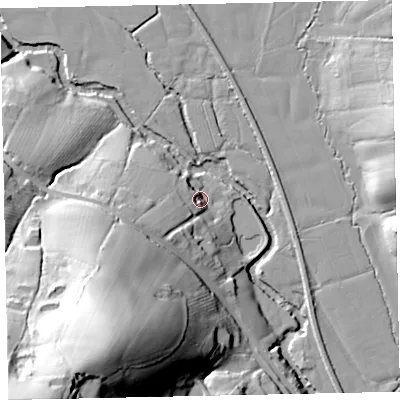 Shaded relief map of the ground around EX55AB, computed from Environment Agency LiDAR. The ground here sits at about 23 m above sea level and falls 73 m across the surrounding 800 m. Surface water reaching this point runs off ground lying to the south-south-west, 55.3 m higher.