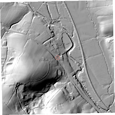 Shaded relief map of the ground around EX55AE, computed from Environment Agency LiDAR. The ground here sits at about 27 m above sea level and falls 96 m across the surrounding 800 m. Surface water reaching this point runs off ground lying to the west-south-west, 50.4 m higher.
