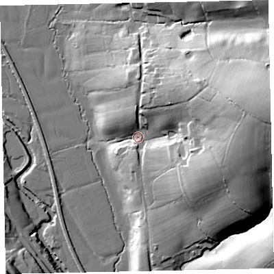 Shaded relief map of the ground around EX55AG, computed from Environment Agency LiDAR. The ground here sits at about 27 m above sea level and falls 53 m across the surrounding 800 m. Surface water reaching this point runs off ground lying to the east, 43.3 m higher.