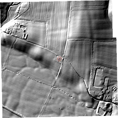 Shaded relief map of the ground around EX55AL, computed from Environment Agency LiDAR. The ground here sits at about 31 m above sea level and falls 22 m across the surrounding 800 m. Surface water reaching this point runs off ground lying to the north-east, 8.1 m higher.