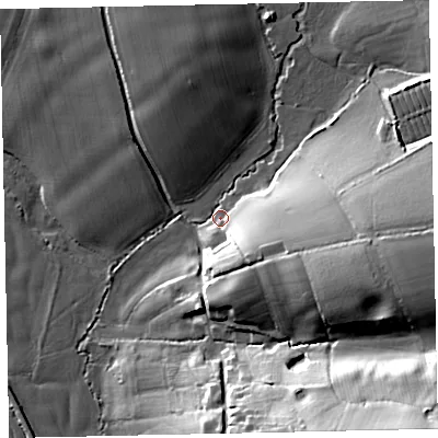 Shaded relief map of the ground around EX55AQ, computed from Environment Agency LiDAR. The ground here sits at about 22 m above sea level and falls 40 m across the surrounding 800 m. Surface water reaching this point runs off ground lying to the east-south-east, 25.0 m higher.