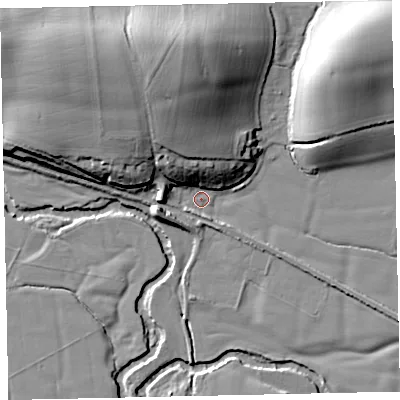 Shaded relief map of the ground around EX55AS, computed from Environment Agency LiDAR. The ground here sits at about 26 m above sea level and falls 25 m across the surrounding 800 m. Surface water reaching this point runs off ground lying to the north-north-west, 18.2 m higher.