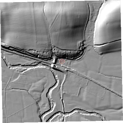 Shaded relief map of the ground around EX55AT, computed from Environment Agency LiDAR. The ground here sits at about 25 m above sea level and falls 25 m across the surrounding 800 m. Surface water reaching this point runs off ground lying to the north-north-west, 17.9 m higher.
