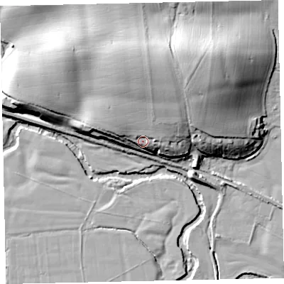 Shaded relief map of the ground around EX55AX, computed from Environment Agency LiDAR. The ground here sits at about 36 m above sea level and falls 25 m across the surrounding 800 m. Surface water reaching this point runs off ground lying to the north, 15.7 m higher.
