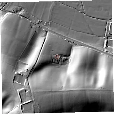 Shaded relief map of the ground around EX55AY, computed from Environment Agency LiDAR. The ground here sits at about 42 m above sea level and falls 54 m across the surrounding 800 m. Surface water reaching this point runs off ground lying to the west-south-west, 8.6 m higher.