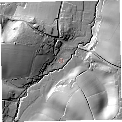 Shaded relief map of the ground around EX55BP, computed from Environment Agency LiDAR. The ground here sits at about 33 m above sea level and falls 49 m across the surrounding 800 m. Surface water reaching this point runs off ground lying to the west-north-west, 27.9 m higher.