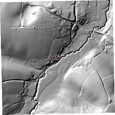 Shaded relief map of the ground around EX55BR, computed from Environment Agency LiDAR. The ground here sits at about 38 m above sea level and falls 49 m across the surrounding 800 m. Surface water reaching this point runs off ground lying to the south-east, 41.9 m higher.
