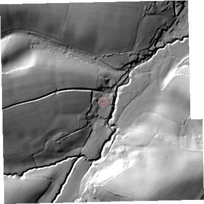 Shaded relief map of the ground around EX55BS, computed from Environment Agency LiDAR. The ground here sits at about 39 m above sea level and falls 56 m across the surrounding 800 m. Surface water reaching this point runs off ground lying to the west, 24.4 m higher.