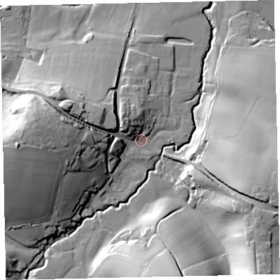 Shaded relief map of the ground around EX55BU, computed from Environment Agency LiDAR. The ground here sits at about 32 m above sea level and falls 41 m across the surrounding 800 m. Surface water reaching this point runs off ground lying to the west, 25.9 m higher.