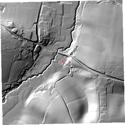 Shaded relief map of the ground around EX55BY, computed from Environment Agency LiDAR. The ground here sits at about 32 m above sea level and falls 49 m across the surrounding 800 m. Surface water reaching this point runs off ground lying to the south-south-east, 39.2 m higher.
