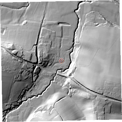 Shaded relief map of the ground around EX55BZ, computed from Environment Agency LiDAR. The ground here sits at about 31 m above sea level and falls 40 m across the surrounding 800 m. Surface water reaching this point runs off ground lying to the west, 12.6 m higher.