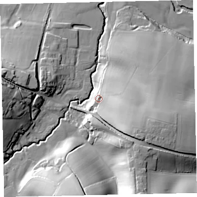 Shaded relief map of the ground around EX55DA, computed from Environment Agency LiDAR. The ground here sits at about 38 m above sea level and falls 45 m across the surrounding 800 m. Surface water reaching this point runs off ground lying to the south-east, 22.1 m higher.