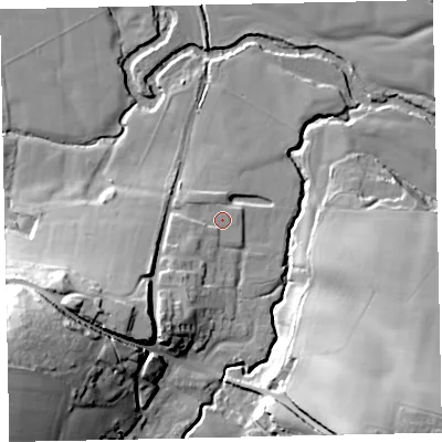 Shaded relief map of the ground around EX55DL, computed from Environment Agency LiDAR. The ground here sits at about 30 m above sea level and falls 38 m across the surrounding 800 m. Surface water reaching this point runs off ground lying to the south-west, 2.4 m higher.