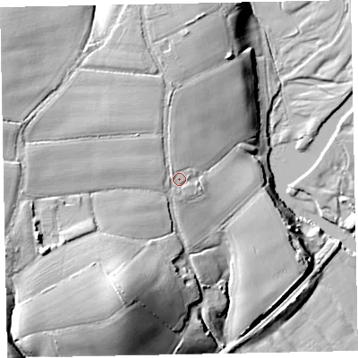 Shaded relief map of the ground around EX55DY, computed from Environment Agency LiDAR. The ground here sits at about 30 m above sea level and falls 24 m across the surrounding 800 m. Surface water reaching this point runs off ground lying to the west, 8.7 m higher.