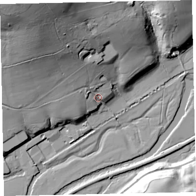 Shaded relief map of the ground around EX55EG, computed from Environment Agency LiDAR. The ground here sits at about 23 m above sea level and falls 69 m across the surrounding 800 m. Surface water reaching this point runs off ground lying to the north-west, 60.5 m higher.