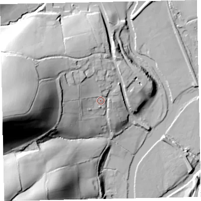 Shaded relief map of the ground around EX55EN, computed from Environment Agency LiDAR. The ground here sits at about 30 m above sea level and falls 86 m across the surrounding 800 m. Surface water reaching this point runs off ground lying to the north-west, 12.1 m higher.