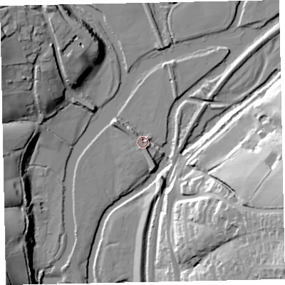 Shaded relief map of the ground around EX55EP, computed from Environment Agency LiDAR. The ground here sits at about 16 m above sea level and falls 42 m across the surrounding 800 m. Surface water reaching this point runs off ground lying to the south-west, 3.2 m higher.
