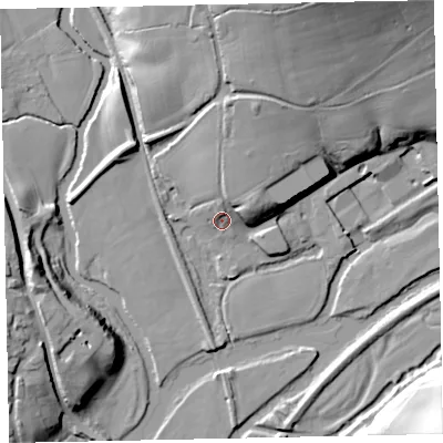 Shaded relief map of the ground around EX55EQ, computed from Environment Agency LiDAR. The ground here sits at about 18 m above sea level and falls 34 m across the surrounding 800 m. Surface water reaching this point runs off ground lying to the north-north-east, 16.0 m higher.
