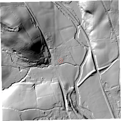Shaded relief map of the ground around EX55ER, computed from Environment Agency LiDAR. The ground here sits at about 17 m above sea level and falls 65 m across the surrounding 800 m. Surface water reaching this point runs off ground lying to the west-north-west, 2.4 m higher.