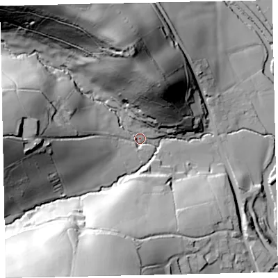 Shaded relief map of the ground around EX55EU, computed from Environment Agency LiDAR. The ground here sits at about 20 m above sea level and falls 68 m across the surrounding 800 m. Surface water reaching this point runs off ground lying to the north-north-west, 62.1 m higher.