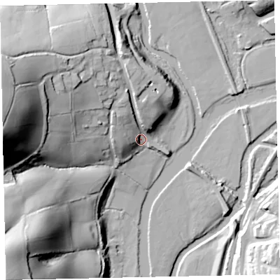 Shaded relief map of the ground around EX55EW, computed from Environment Agency LiDAR. The ground here sits at about 18 m above sea level and falls 75 m across the surrounding 800 m. Surface water reaching this point runs off ground lying to the north-west, 18.2 m higher.