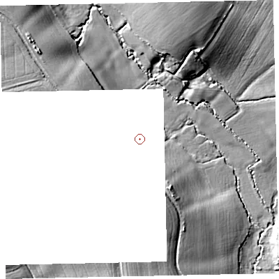 Shaded relief map of the ground around EX55HX, computed from Environment Agency LiDAR. and falls 21 m across the surrounding 800 m.