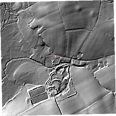 Shaded relief map of the ground around EX55HY, computed from Environment Agency LiDAR. The ground here sits at about 29 m above sea level and falls 24 m across the surrounding 800 m. Surface water reaching this point runs off ground lying to the north, 16.1 m higher.