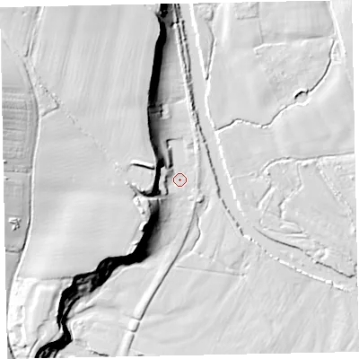 Shaded relief map of the ground around EX55JN, computed from Environment Agency LiDAR. The ground here sits at about 25 m above sea level and falls 25 m across the surrounding 800 m. Surface water reaching this point runs off ground lying to the west-north-west, 15.3 m higher.