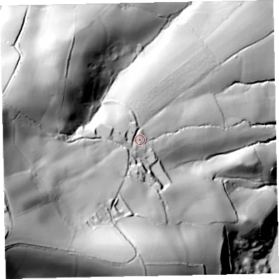 Shaded relief map of the ground around EX55LL, computed from Environment Agency LiDAR. The ground here sits at about 107 m above sea level and falls 172 m across the surrounding 800 m. Surface water reaching this point runs off ground lying to the west-south-west, 103.9 m higher.
