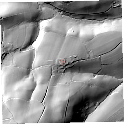 Shaded relief map of the ground around EX55LN, computed from Environment Agency LiDAR. The ground here sits at about 104 m above sea level and falls 130 m across the surrounding 800 m. Surface water reaching this point runs off ground lying to the west-south-west, 1.8 m higher.