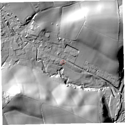 Shaded relief map of the ground around EX55LT, computed from Environment Agency LiDAR. The ground here sits at about 41 m above sea level and falls 50 m across the surrounding 800 m. Surface water reaching this point runs off ground lying to the north-east, 37.2 m higher.