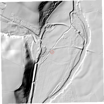Shaded relief map of the ground around EX55LX, computed from Environment Agency LiDAR. The ground here sits at about 29 m above sea level and falls 47 m across the surrounding 800 m. Surface water reaching this point runs off ground lying to the north-north-west, 44.4 m higher.