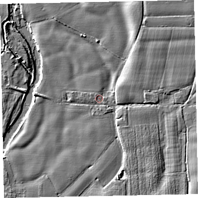 Shaded relief map of the ground around EX55LY, computed from Environment Agency LiDAR. The ground here sits at about 29 m above sea level and falls 7 m across the surrounding 800 m. Surface water reaching this point runs off ground lying to the north-west, 0.8 m higher.