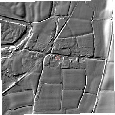 Shaded relief map of the ground around EX55ND, computed from Environment Agency LiDAR. The ground here sits at about 33 m above sea level and falls 16 m across the surrounding 800 m. Surface water reaching this point runs off ground lying to the north-east, 12.9 m higher.