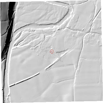 Shaded relief map of the ground around EX55NE, computed from Environment Agency LiDAR. The ground here sits at about 32 m above sea level and falls 54 m across the surrounding 800 m. Surface water reaching this point runs off ground lying to the north-north-east, 2.7 m higher.