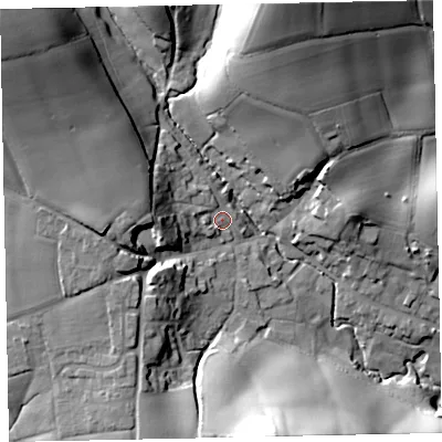 Shaded relief map of the ground around EX55NT, computed from Environment Agency LiDAR. The ground here sits at about 47 m above sea level and falls 49 m across the surrounding 800 m. Surface water reaching this point runs off ground lying to the north-west, 22.3 m higher.
