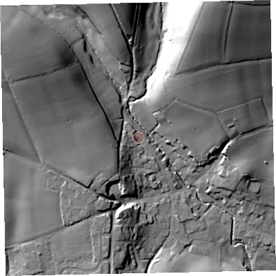 Shaded relief map of the ground around EX55NU, computed from Environment Agency LiDAR. The ground here sits at about 49 m above sea level and falls 61 m across the surrounding 800 m. Surface water reaching this point runs off ground lying to the west-south-west, 6.0 m higher.