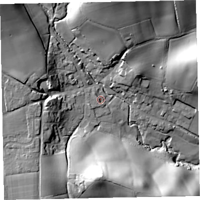 Shaded relief map of the ground around EX55NX, computed from Environment Agency LiDAR. The ground here sits at about 44 m above sea level and falls 44 m across the surrounding 800 m. Surface water reaching this point runs off ground lying to the west-south-west, 3.7 m higher.