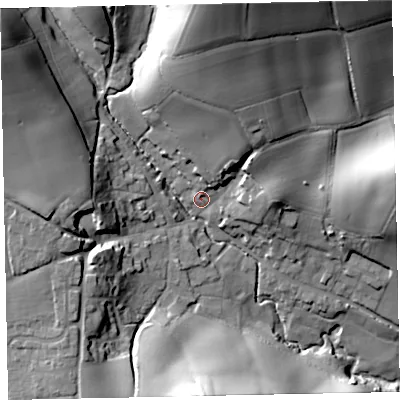 Shaded relief map of the ground around EX55NY, computed from Environment Agency LiDAR. The ground here sits at about 45 m above sea level and falls 52 m across the surrounding 800 m. Surface water reaching this point runs off ground lying to the north-north-east, 41.9 m higher.