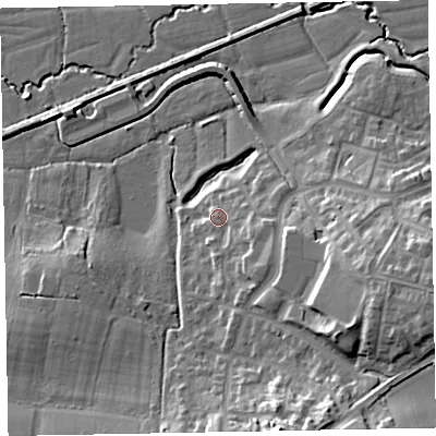 Shaded relief map of the ground around EX57AE, computed from Environment Agency LiDAR. The ground here sits at about 21 m above sea level and falls 21 m across the surrounding 800 m. Surface water reaching this point runs off ground lying to the south-east, 4.1 m higher.
