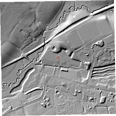 Shaded relief map of the ground around EX57EE, computed from Environment Agency LiDAR. The ground here sits at about 26 m above sea level and falls 18 m across the surrounding 800 m. The ground contributing surface water to this point lies to the south-east.